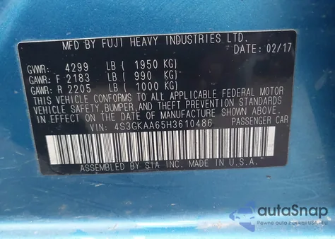 2017 Subaru Impreza 2.0I z USA, uszkodzony, nr VIN 4S3GKAA65H3610486